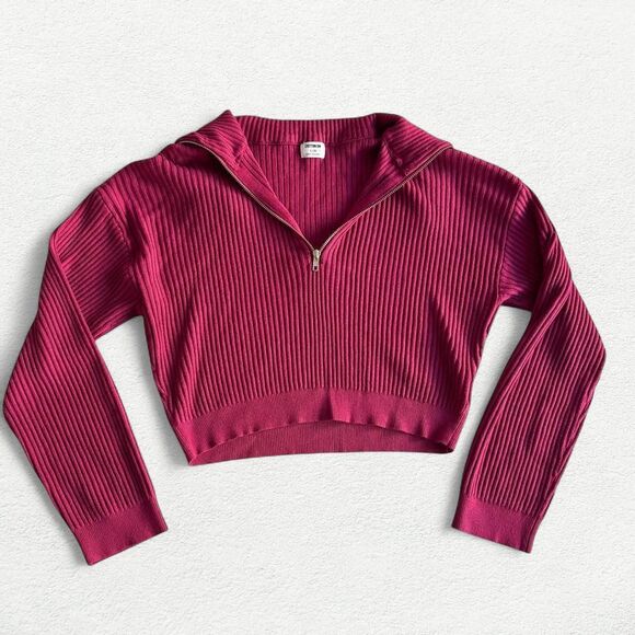 Cotton On Magenta Zip Up Cropped Ribbed Sweater - Picture 1 of 8